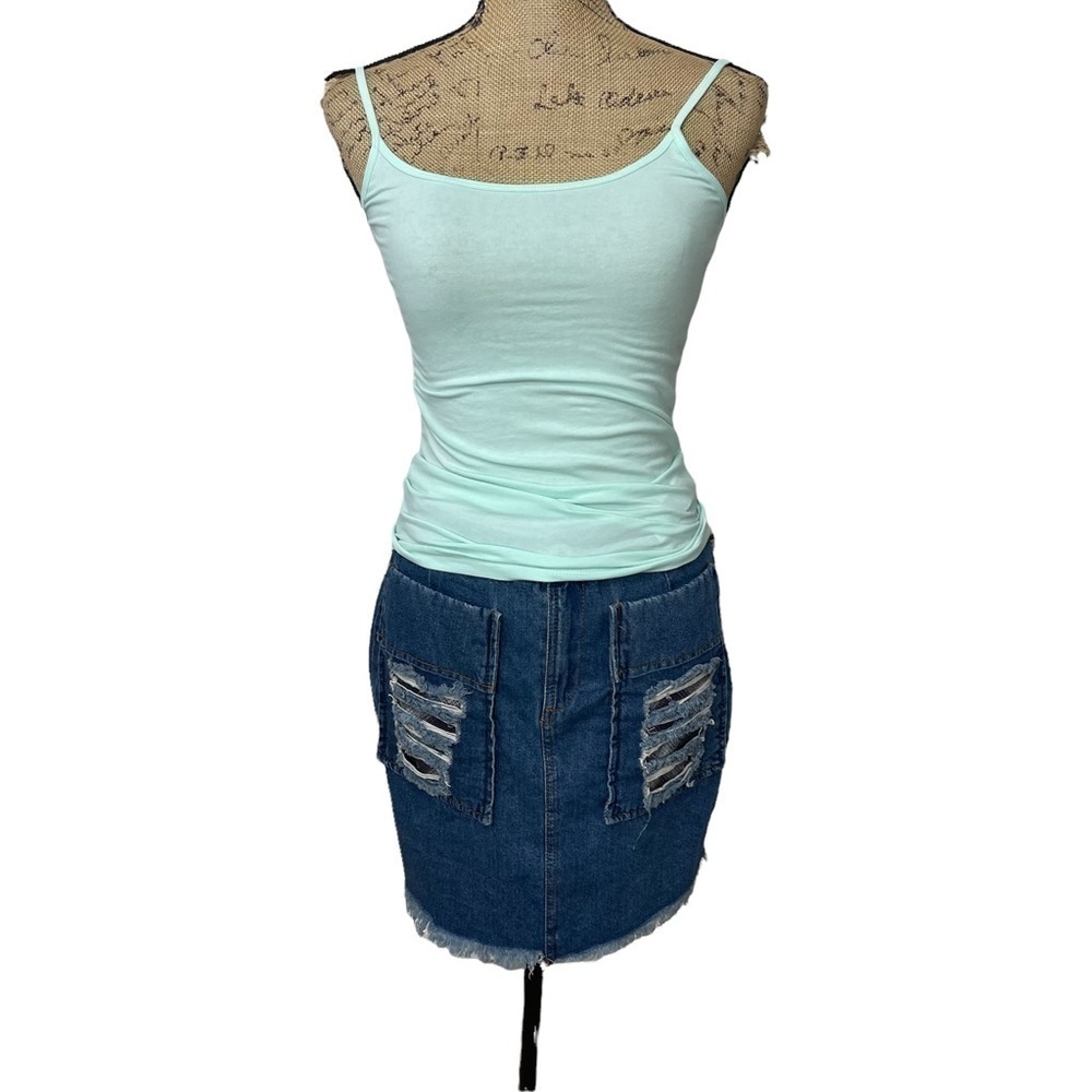 POL Boutique Distressed Plaid Patched Frayed Hem Denim Mini Skirt - Picture 10 of 13